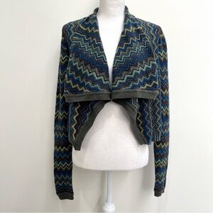 Kinross cashmere zigzag chevron open front waterfall cardigan sweater blue green